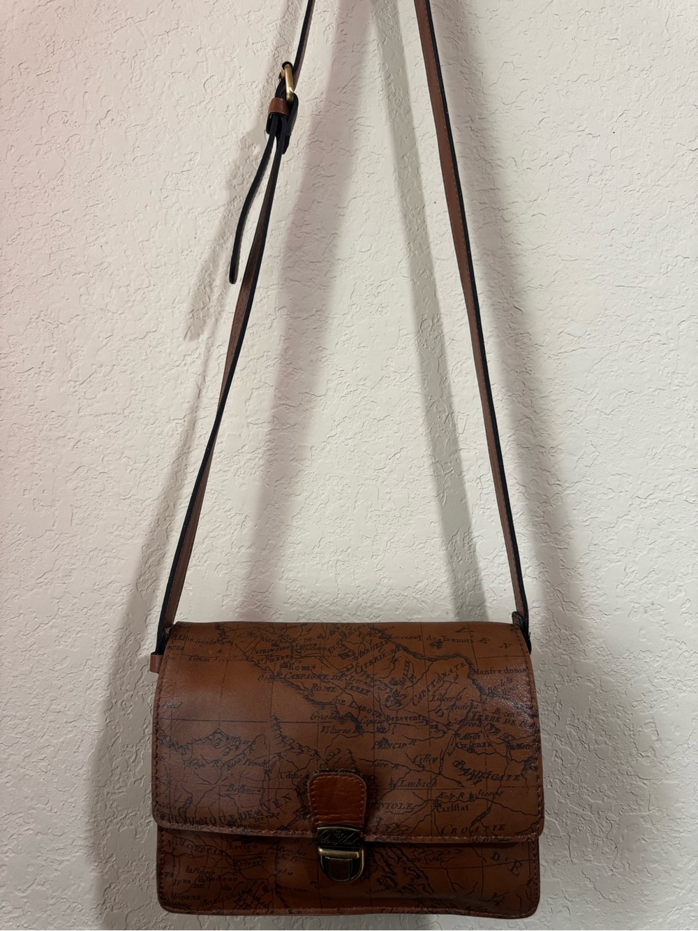 Patricia Nash Brown Map-Print Leather Crossbody